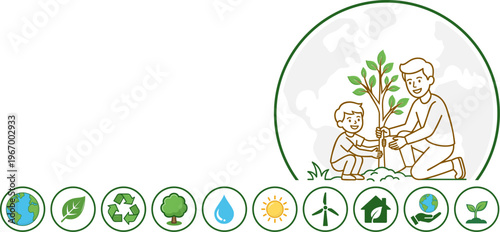 Eco tree planting logo with family and sustainability icons for green branding