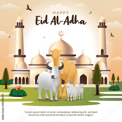 Happy Eid Al Adha with animals and a mosque