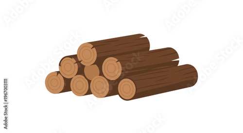 Seven brown cylindrical wooden logs with visible grain are neatly stacked in a pile on a white background.