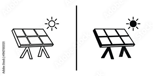 Solar Panel System Icon Vector with Sun for Renewable Green Energy.