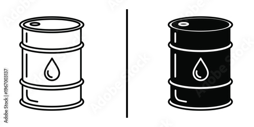 Industrial Oil Barrel Drum Icon Vector with Drop Symbol for Fuel and Gas.