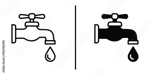 Water Tap Icon Vector Line Art and Silhouette for Plumbing and Conservation.