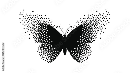 A black butterfly silhouette with white dots on its wings, set against a clean white background.