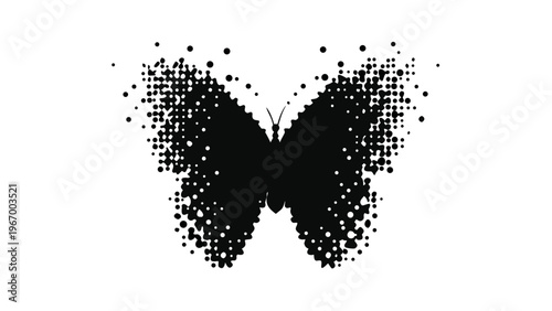A black butterfly silhouette made of small dots on a white background