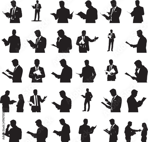 Manager holding document and checking details for office review and decision-making silhouette set