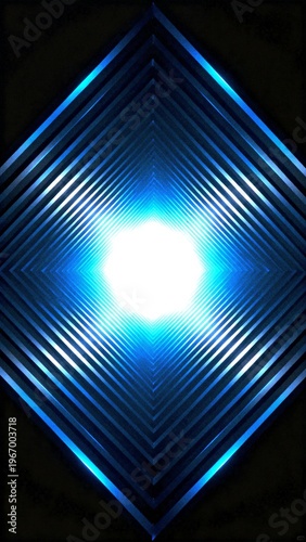 Abstract geometric pattern with bright white glowing center and blue gradient on dark background, symmetry, grainy texture, banner, backdrop design,