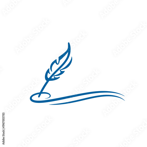 Elegant blue pen and feather illustration writing icon on white background