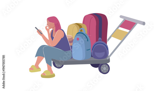 Flat vector illustration of tired female passenger sitting on luggage cart. Travel delay, waiting time and boredom concept on background на белом фоне