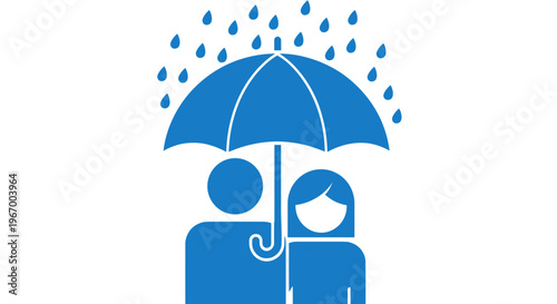 Couple Under Blue Umbrella Rain.