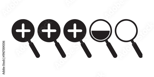 Five black and white magnifying glass icons demonstrating zoom functionality and a data filling concept.