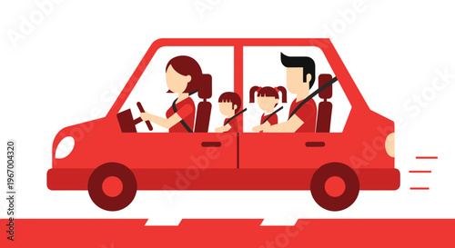 Family in red car driving.