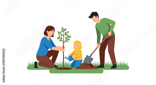 Family planting a young tree.
