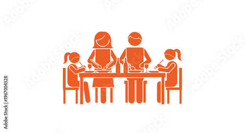 Family sitting at dinner table.