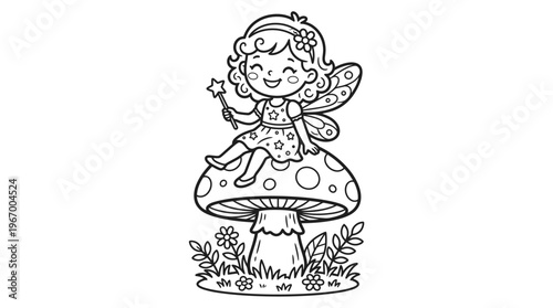 Smiling fairy on mushroom cap outdoors.
