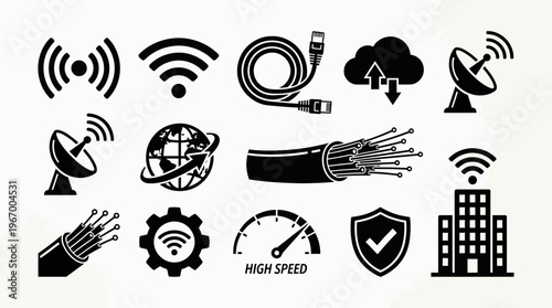 Black‑and‑white communication technology icon set showing Wi‑Fi, satellite, cloud, Ethernet, globe, shield, speedometer, building, modern digital connectivity.