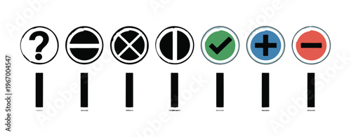 Set of magnifying glass icons with various symbols including question mark check mark and plus.