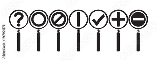 Set of seven magnifying glass icons displaying various symbols like question mark and check mark.