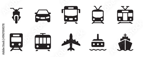 Set of ten public and private transportation icons in black and white style isolated on white background.