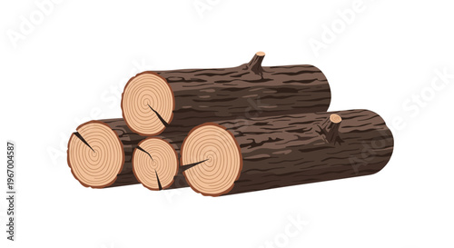 Four dark brown wooden logs with rough bark and visible growth rings are stacked on a white background.