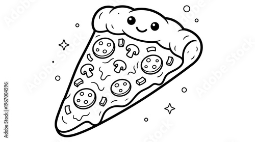 Smiling cartoon pizza slice with toppings.
