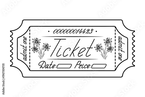 Ticket admit one. Fireworks. Sketch. Date and price indicated. Handwritten cursive lettering.