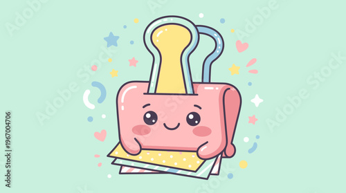 Cute Cartoon Binder Clip Character Holding Paper.