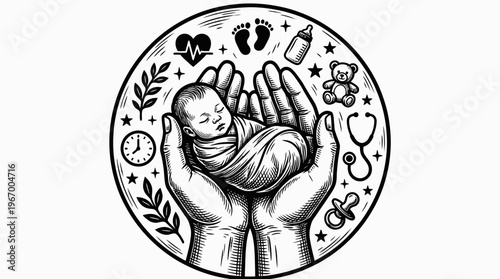 Monochrome illustration of nurturing hands cradling newborn baby, surrounded by circular icons of care, pacifier, bottle, heart, footprints, stethoscope.