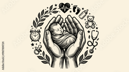 Monochrome illustration of nurturing hands cradling newborn baby, surrounded by circular icons of care, pacifier, bottle, heart, footprints, stethoscope.