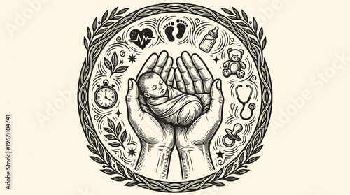 Monochrome illustration of nurturing hands cradling newborn baby, surrounded by circular icons of care, pacifier, bottle, heart, footprints, stethoscope.