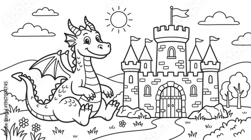 Smiling dragon sitting on ground.