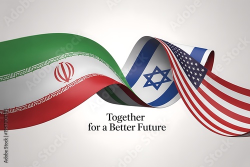 Flags of Iran, Israel, and the USA intertwined with the phrase Together for a Better Future