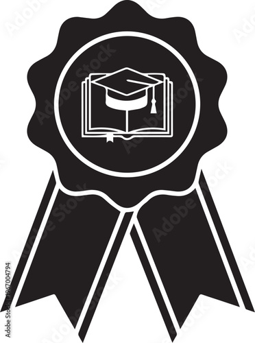 Education award ribbon and graduation cap with book vector silhouette illustration line art