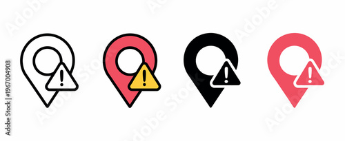 Location pin icon with warning sign vector representing navigation, danger alert, restricted area, and GPS tracking error illustration