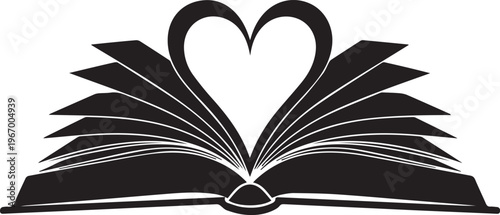 Open book vector silhouette illustration heart shape pages line art romance reading love