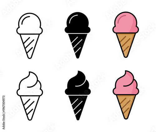 Ice Cream Icon Set Vector, Ice Cream Cone, Soft Serve, Dessert Food Icons, Minimal Line, Solid and Color Illustration