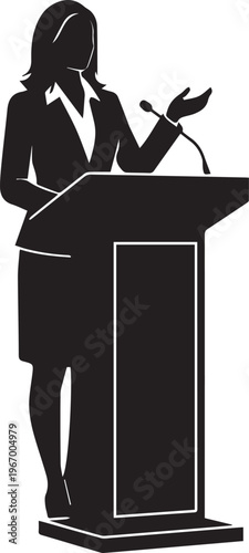 Professional woman speaking at podium with microphone silhouette vector illustration art