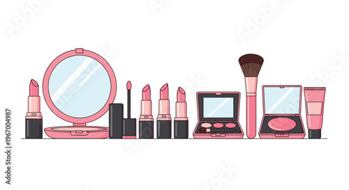 A variety of pink and black makeup products including lipsticks and compacts are neatly arranged on a white background.
