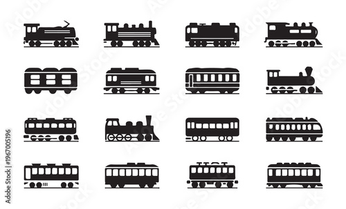 Assorted train icons and emblems including steam engines passenger cars and vintage locomotives rendered in black and white.