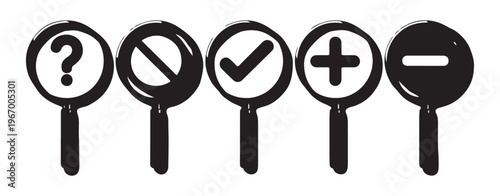 Stylized magnifying glass icons with question mark prohibition check mark plus and minus symbols for various functions.