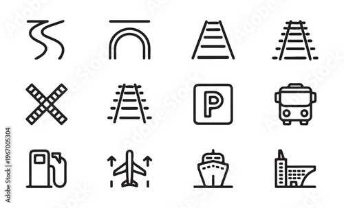 Outline icons of transport infrastructure including roads tunnels railways and public transport.