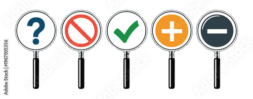 Color magnifying glass icons showing question mark no symbol check mark plus and minus signs for diverse applications.