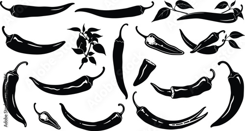 Hot Chili Pepper Silhouette Set with Spicy Jalapeno Habanero Red Chili Pods Leaves and Sliced Pepper Sections for Spicy Food Design