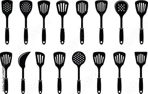 Kitchen spatula silhouette set, cooking utensils collection, chef tools vector, restaurant equipment icons, culinary flat design, food preparation gear, cad drawing flat.