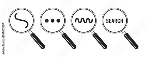 Collection of magnifying glass line icons with squiggly line three dots and word search inside simple design.