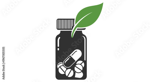 Black bottle with pills and a green leaf representing natural supplements