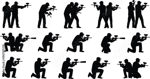 Paintball player silhouette collection featuring various shooting poses and tactical movements isolated on white background for extreme sports and competition design.