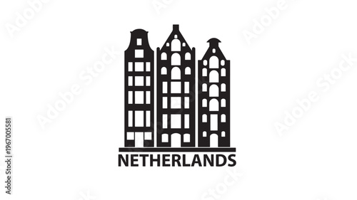 Buildings silhouette, representing the Netherlands, with characteristic gabled facades and architectural details, on a white background.