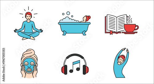 Self care icons depict relaxation activities meditation bathing reading and wellness routines
