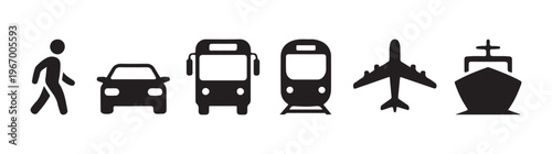 Set of transportation icons including walking person, car, bus, train, airplane, and ship isolated.