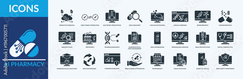 AI Pharmacy icon set vector illustration. Containing icon of personalized medicine, virtual screening, drug information and more. Glyph solid icon symbol collection